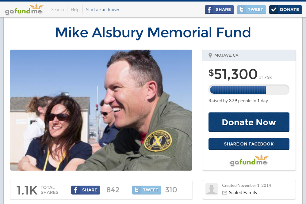 Memorial Fund for SpaceShipTwo Pilot Michael Alsbury Raises Over $55,000
